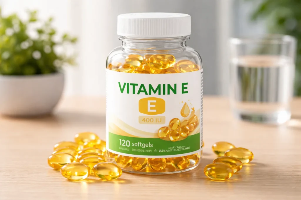 Suplemento de vitamina E em cápsulas, utilizado para complementar a ingestão dessa vitamina essencial para a saúde imunológica e antioxidante.