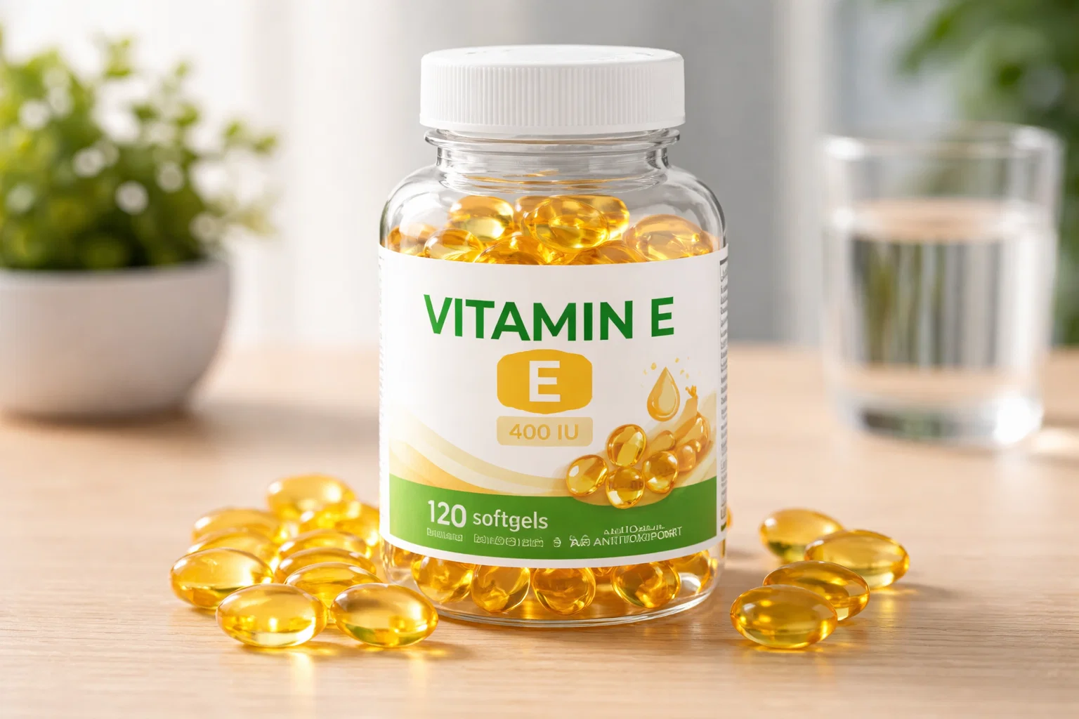 Suplemento de vitamina E em cápsulas, utilizado para complementar a ingestão dessa vitamina essencial para a saúde imunológica e antioxidante.