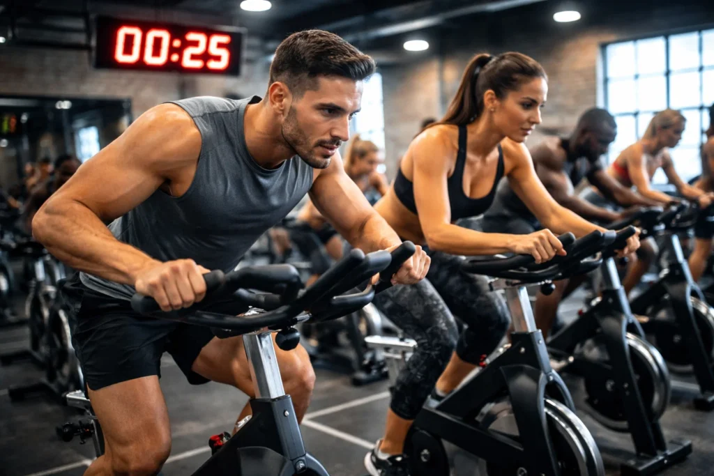 Pessoas praticando HIIT em bicicletas ergométricas durante treino intervalado de alta intensidade em academia.