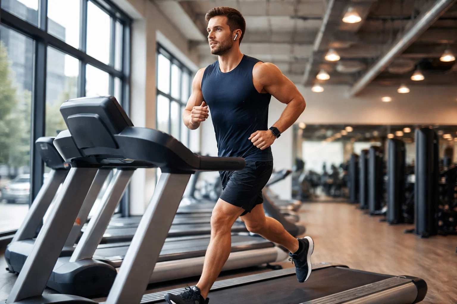 Exercício cardio em academia com corrida na esteira para melhorar o condicionamento físico.
