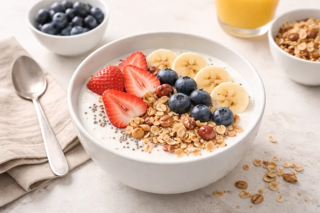 Pessoa escolhendo alimentos naturais em uma mesa, relacionados ao cuidado com a microbiota intestinal.