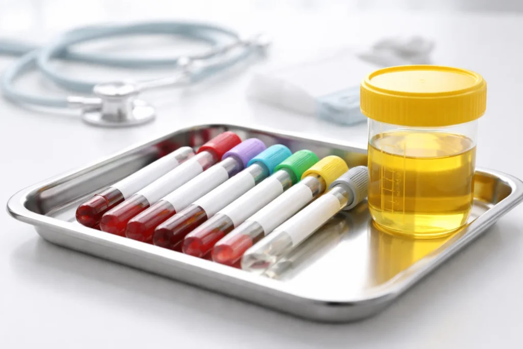 Amostras de sangue e urina usadas para medir creatinina no sangue e avaliar a função renal.