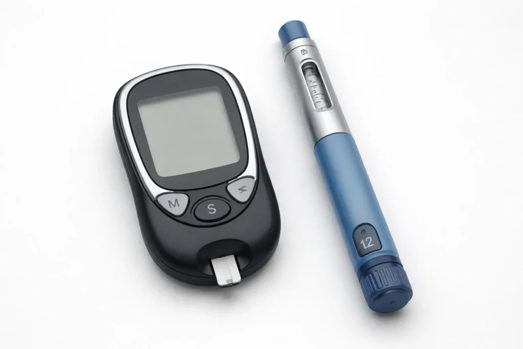 Glicosímetro e lancetador usados no monitoramento da glicemia em pacientes com diabetes tipo 5