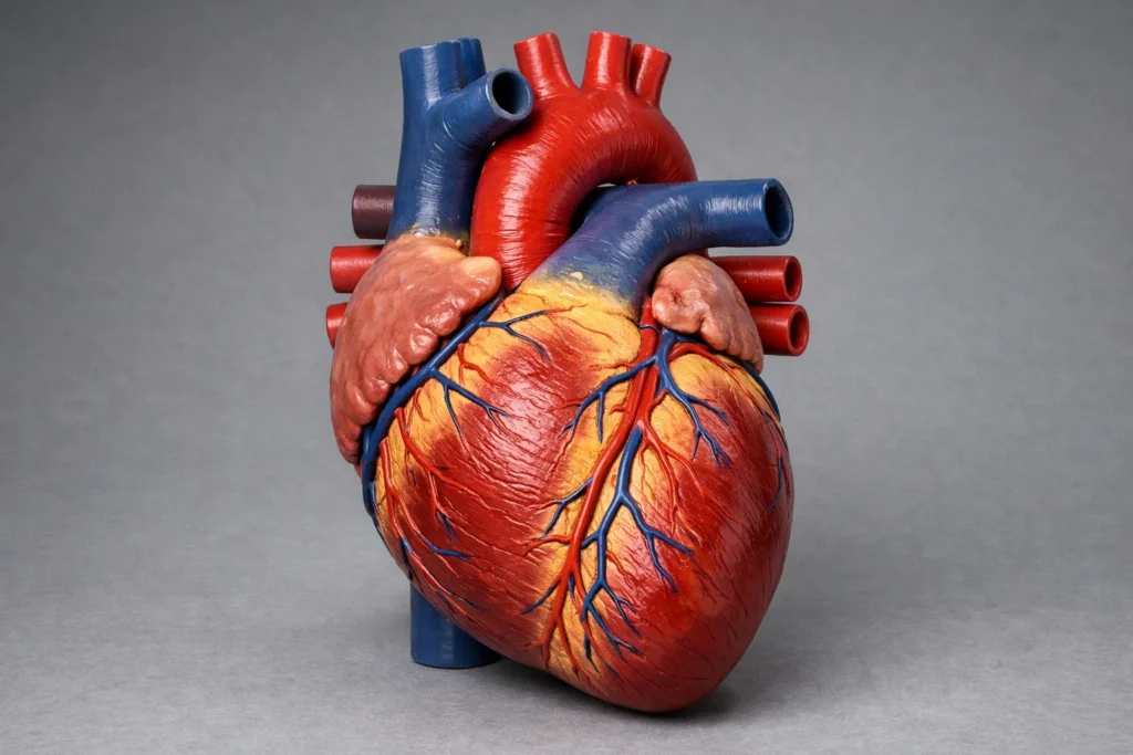 Modelo anatômico do coração humano com destaque para as artérias e veias principais, ilustrando a relação entre parada cardíaca e infarto.