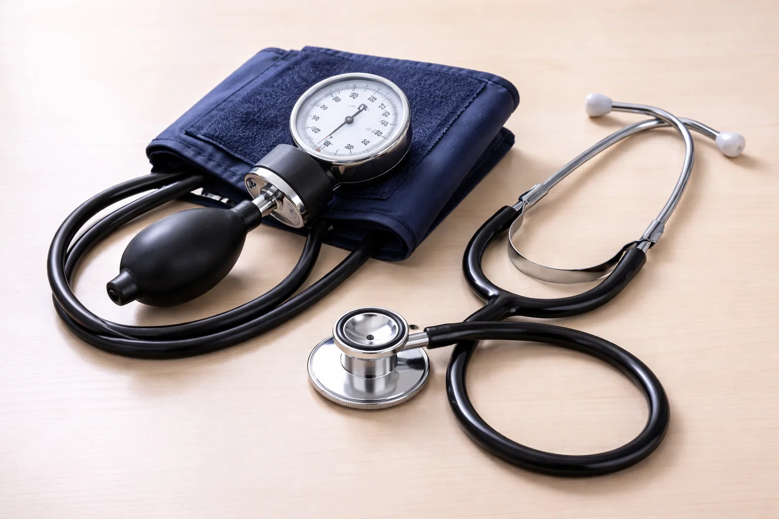 Estetoscópio e tensiômetro usados na avaliação da saúde cardiovascular