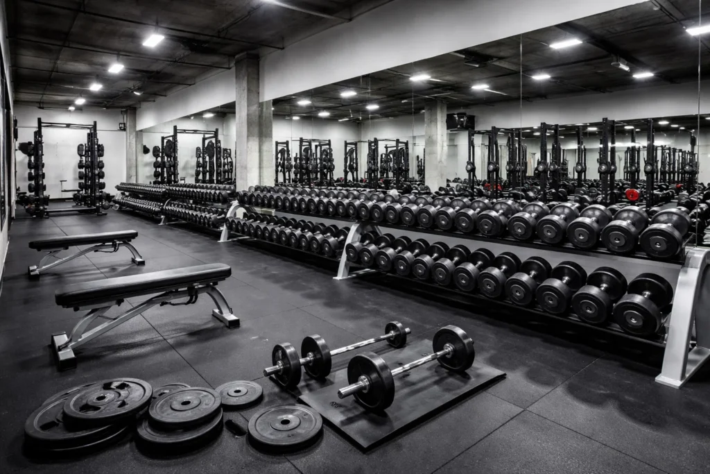 Exercício de força em academia com halteres, barras e equipamentos para treino de musculação