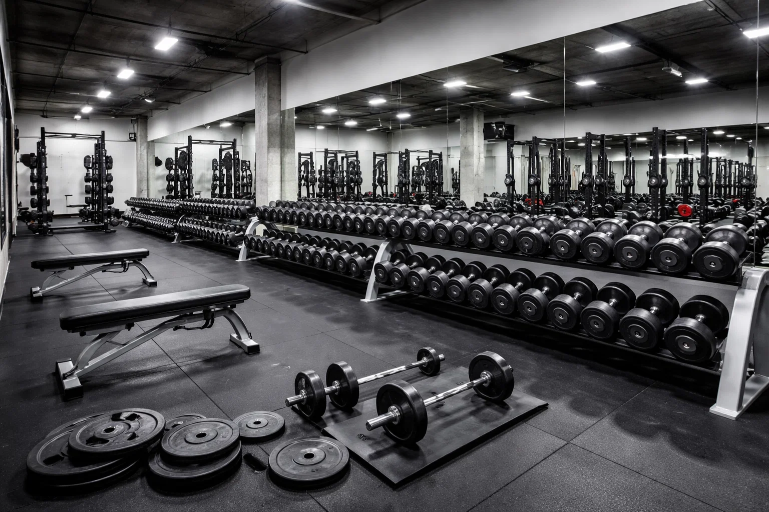 Exercício de força em academia com halteres, barras e equipamentos para treino de musculação