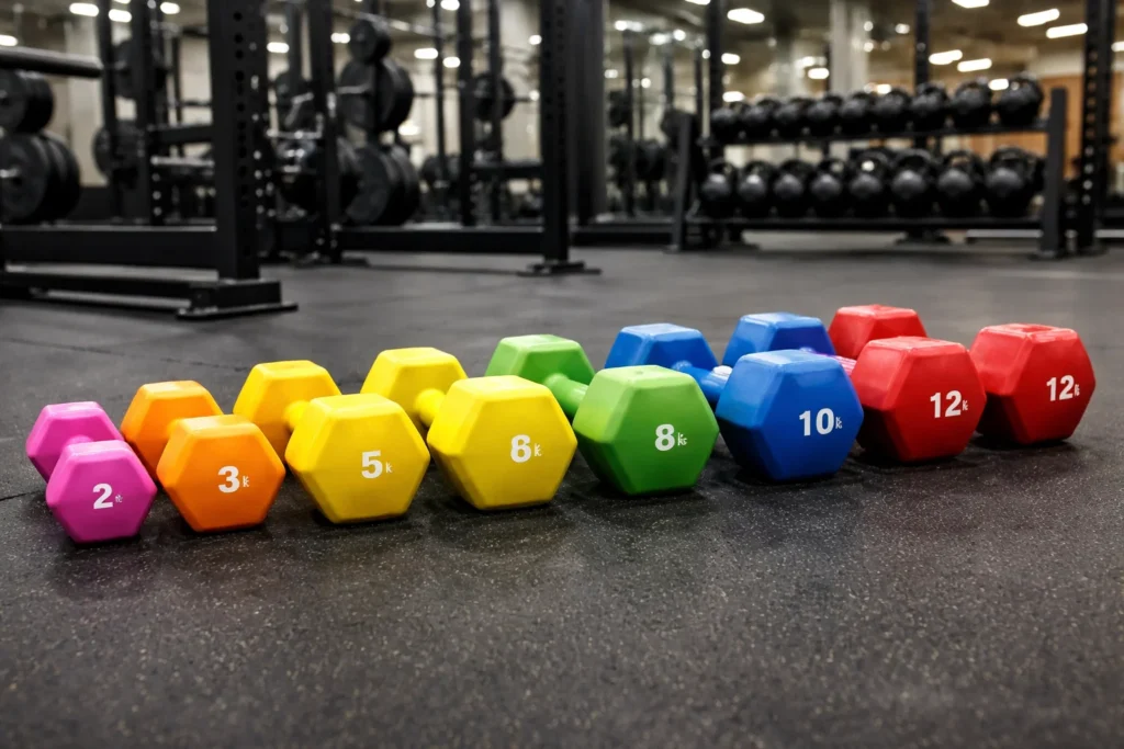 Halteres de diferentes pesos alinhados em uma academia, representando treino de força, massa magra e a discussão sobre se exercício emagrece.