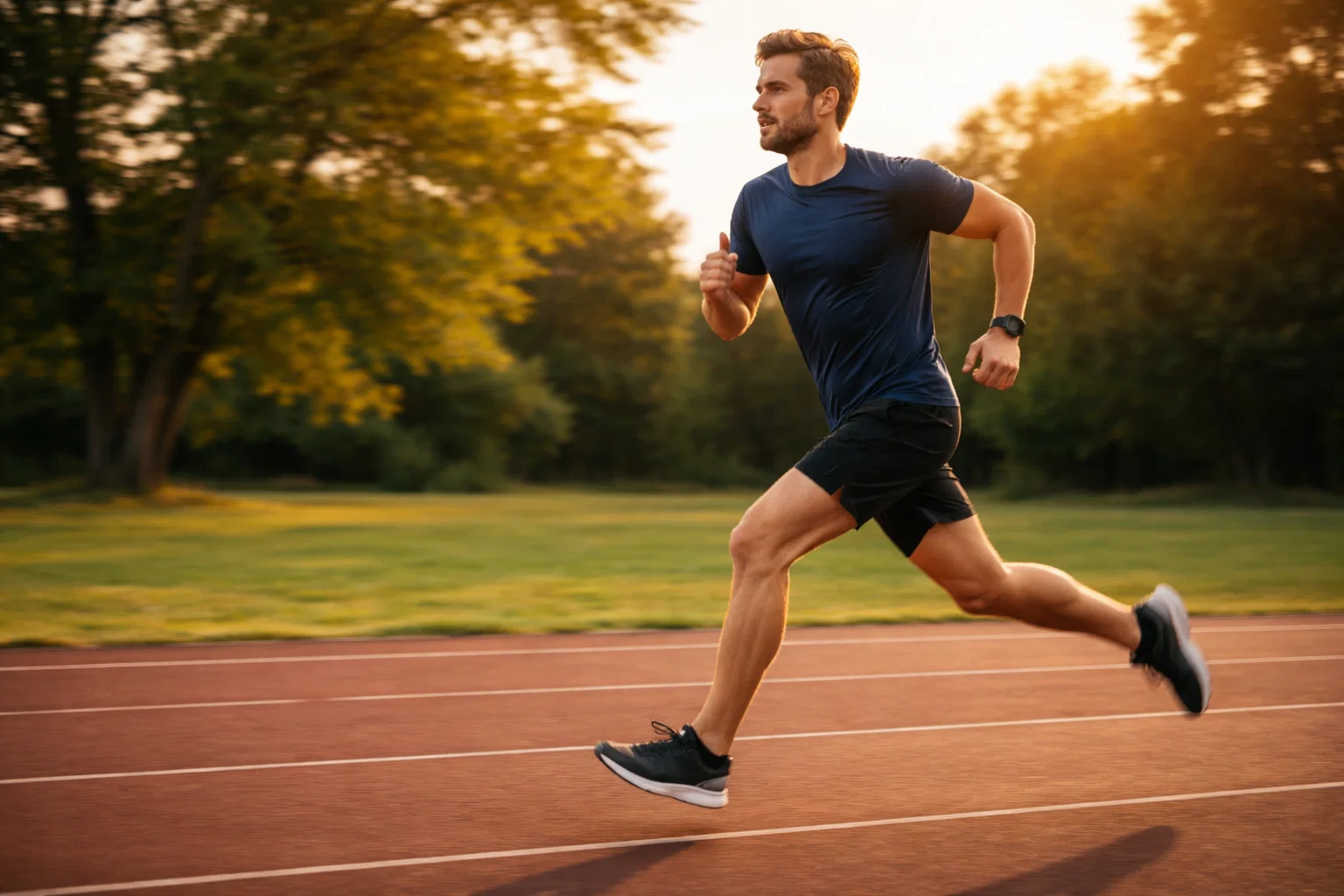Homem correndo em pista de atletismo ao ar livre, exemplo de exercício físico planejado dentro do tema exercício físico e atividade física.