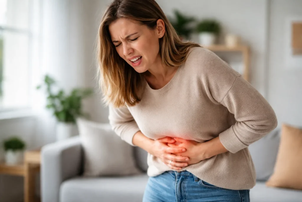 Mulher com dor abdominal, destacando a importância das fibras e microbiota intestinal no alívio de desconfortos gastrointestinais.
