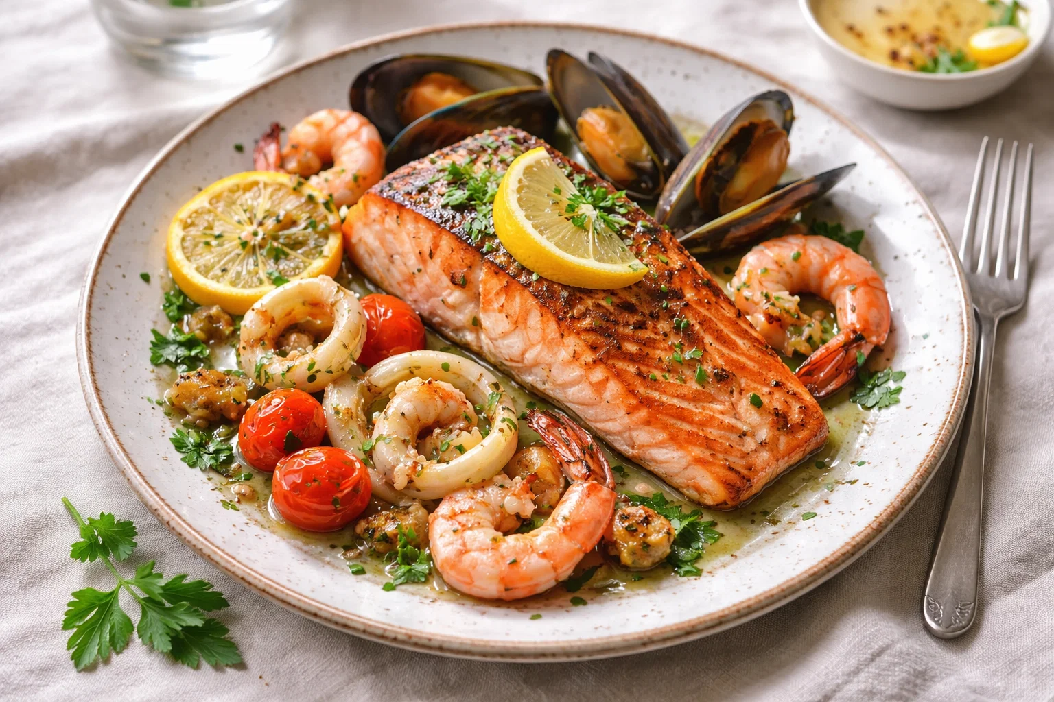 Prato com salmão e frutos do mar, fontes naturais de omega 3 DHA e EPA