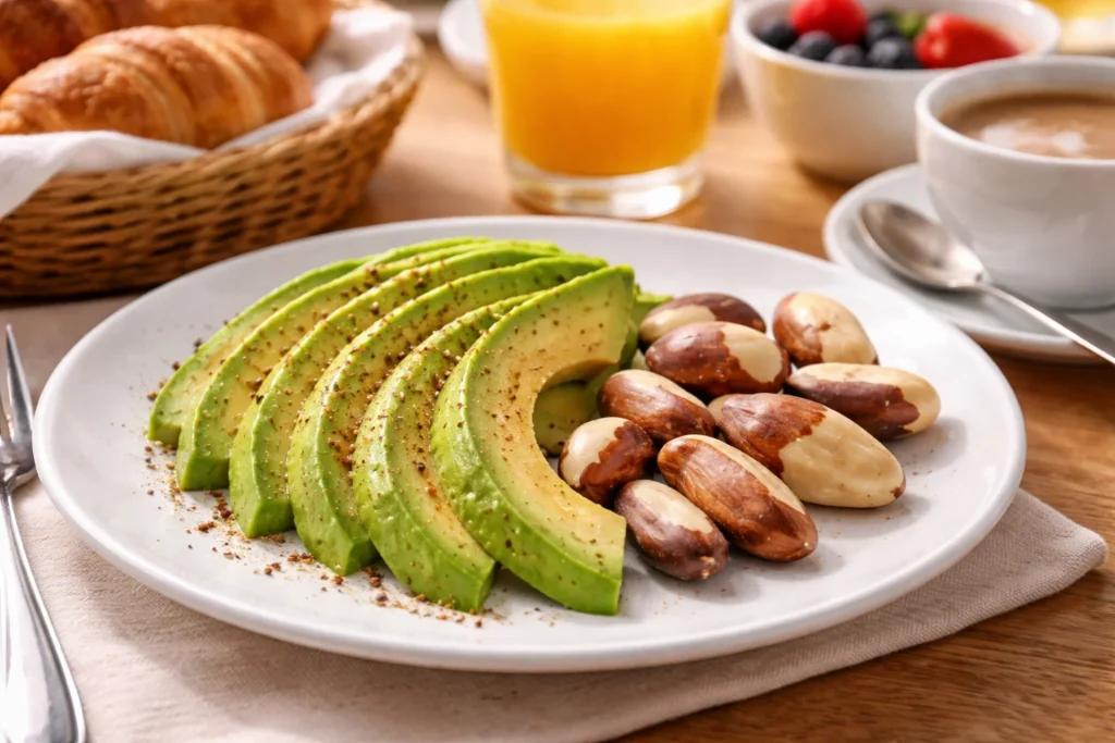 Prato saudável com abacate e castanhas, fontes naturais de vitamina E, essenciais para a saúde da pele e proteção celular.