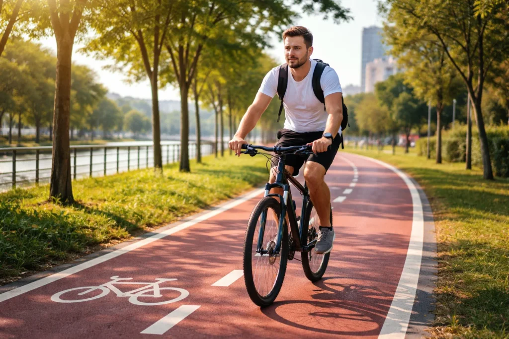 Homem praticando ciclismo ao ar livre como exemplo da relação entre frequência cardíaca e exercício em atividade aeróbica moderada.