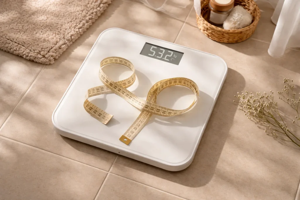 Balança digital com fita métrica sobre ela, simbolizando a relação entre gorduras na alimentação, peso corporal e emagrecimento.