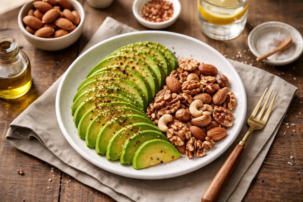 Prato com abacate fatiado e oleaginosas, fontes de gorduras boas importantes para a saúde e o equilíbrio da alimentação.