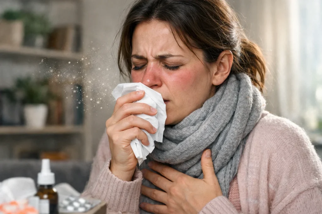 Mulher com alergia, usando lenço de papel para nariz, rodeada por medicamentos; hidroxizina dá sono como efeito colateral.
