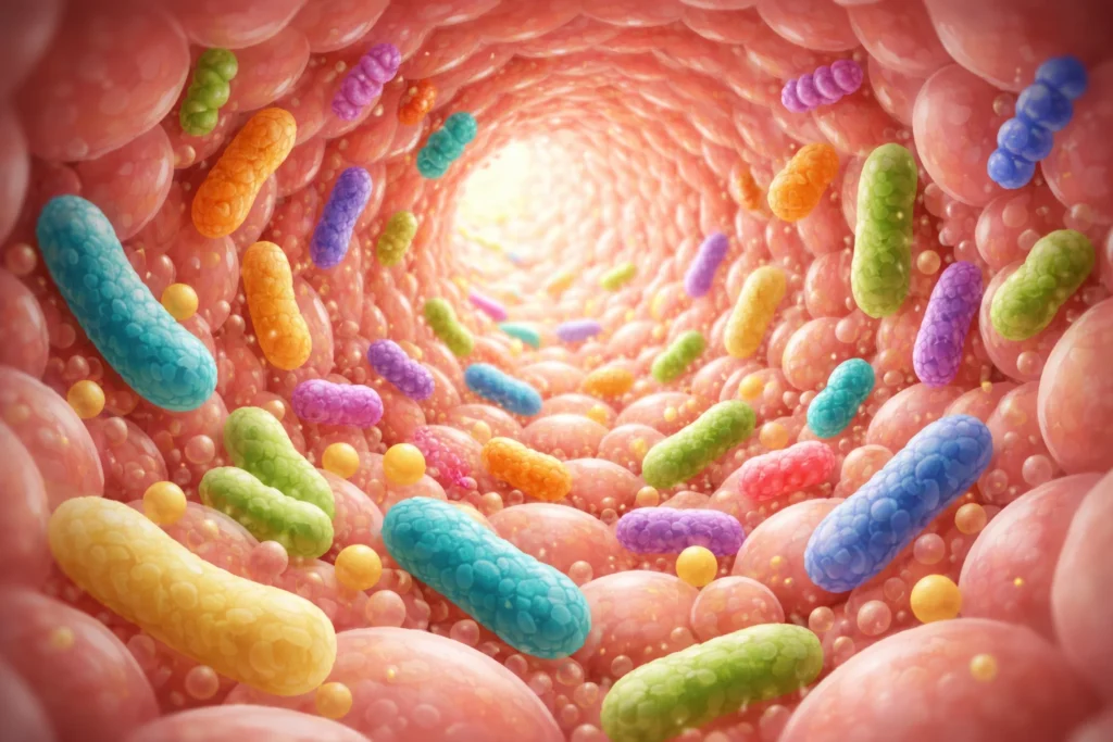 Ilustração do intestino humano com bactérias, representando a microbiota intestinal.
