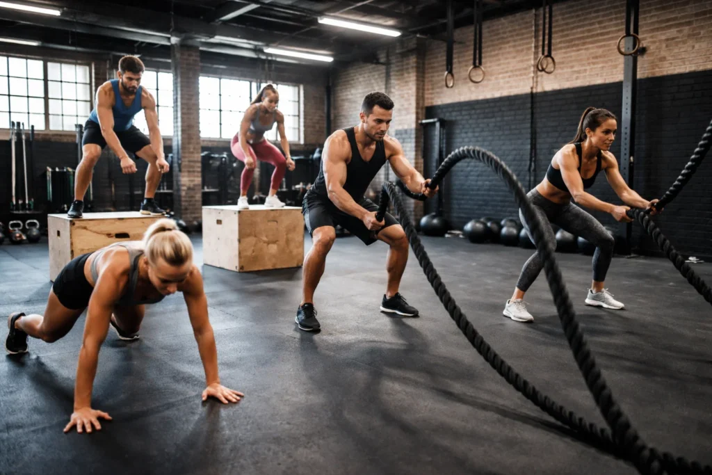 Grupo realizando exercícios funcionais de HIIT com cordas e movimentos de alta intensidade em academia.