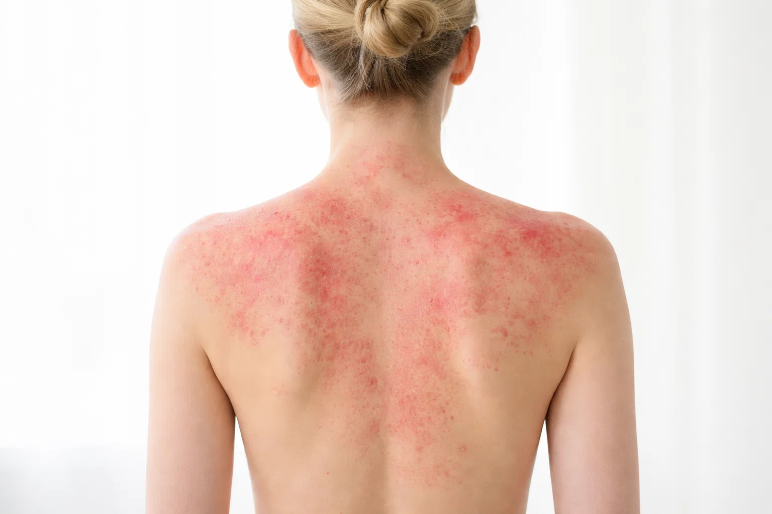Lesões de dermatite atópica nas costas com vermelhidão e inflamação da pele.