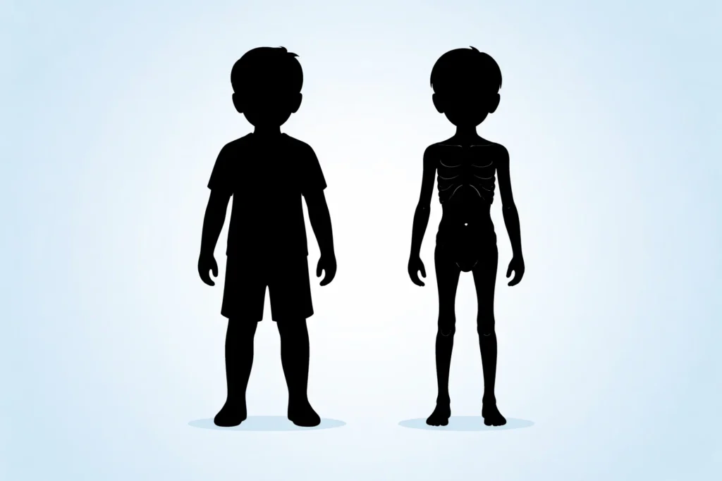 Ilustração com duas crianças em silhueta representando desnutrição infantil associada à diabetes tipo 5.
