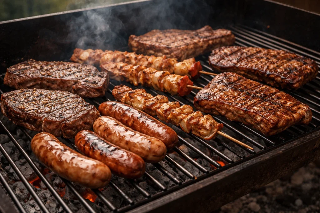 Carnes grelhadas em churrasco representando a dieta carnívora baseada em proteínas animais