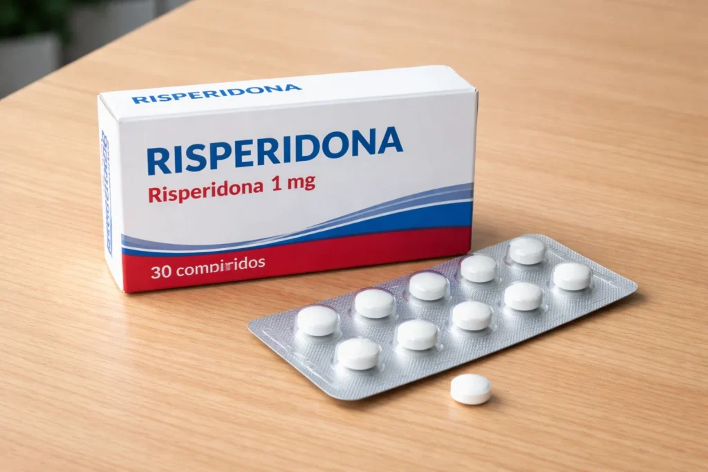 Embalagem de risperidona 1 mg em comprimidos utilizada no tratamento psiquiátrico.