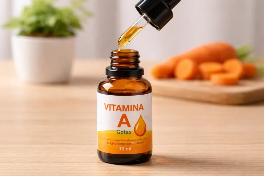 Frasco de vitamina A em gotas sobre uma mesa, com cenouras ao fundo como fonte alimentar do nutriente.