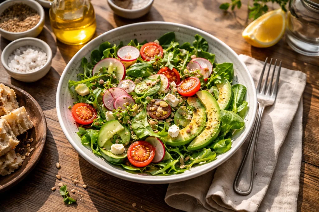 Salada fresca com vegetais, sementes e gorduras saudáveis como exemplo de carboidratos de boa qualidade.