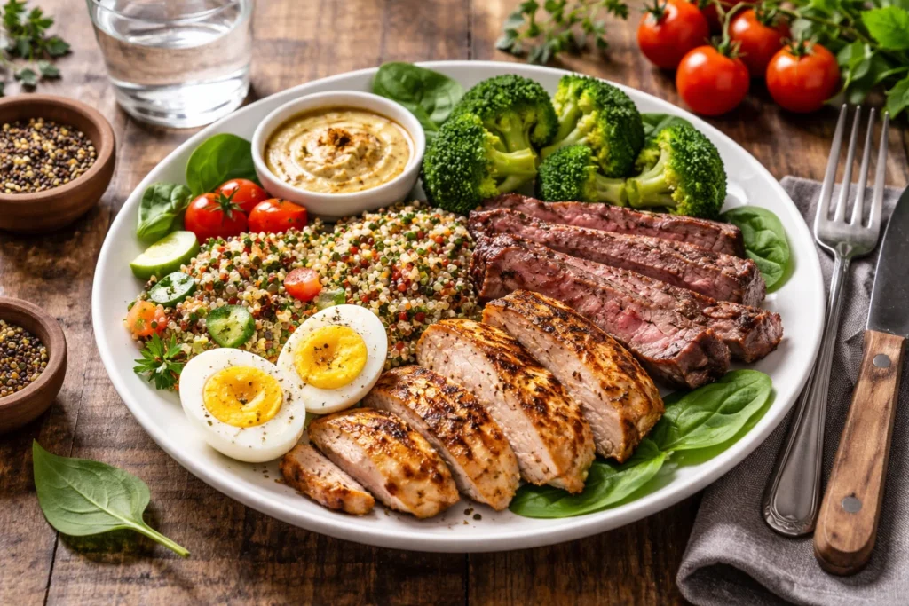 Prato equilibrado com carnes, ovos, legumes e grãos integrais mostrando fontes alimentares de proteínas.