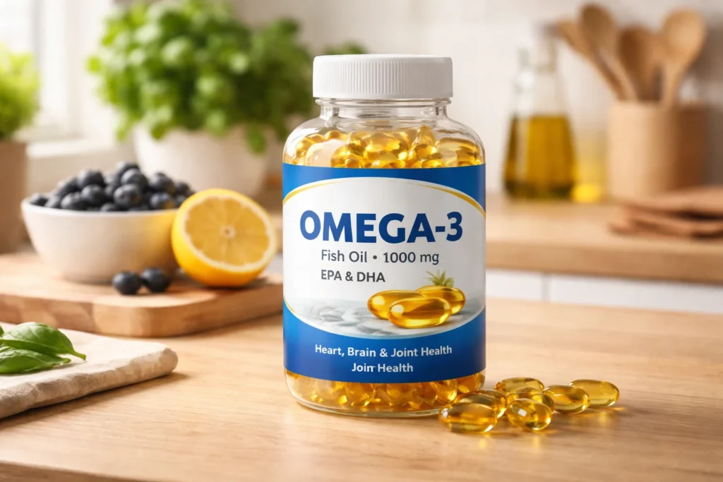 Suplemento de omega 3 em cápsulas com DHA e EPA sobre bancada de cozinha