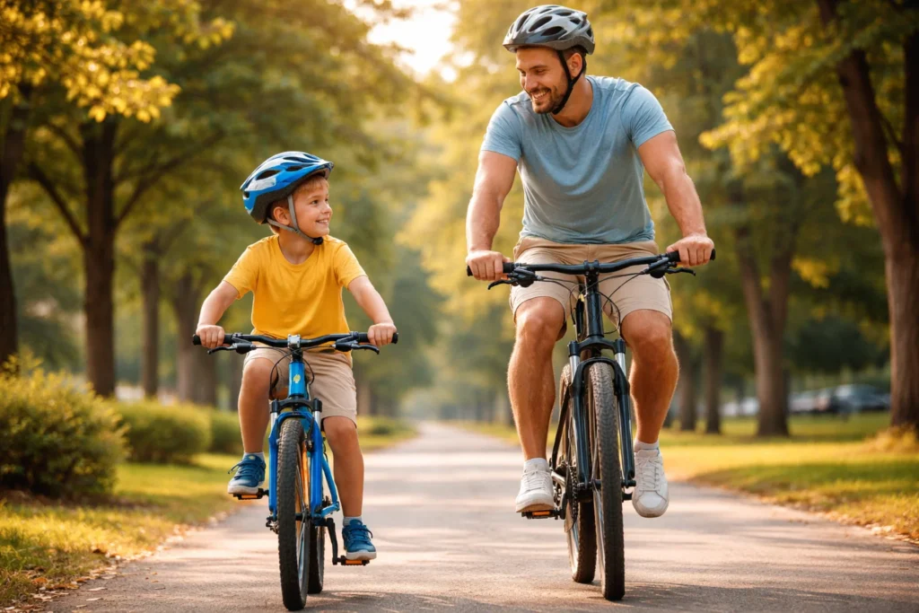 Pai e filho praticando atividade física ao ar livre, exemplo da Recomendação da OMS para exercícios ao longo da vida.