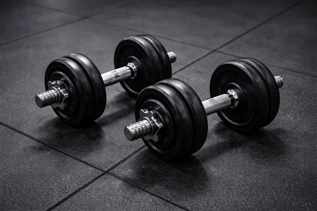 Halteres sobre o chão de academia representando o papel das proteínas no ganho e manutenção da massa muscular.