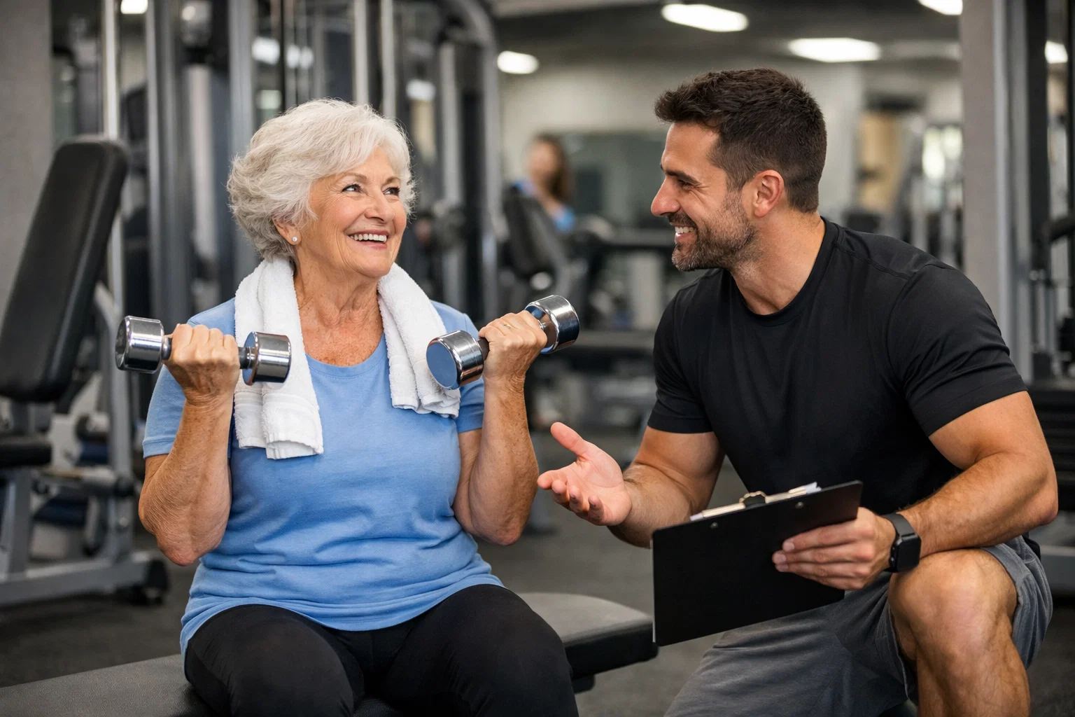 Idosa realizando exercício de fortalecimento muscular conforme a Recomendação da OMS para exercícios..