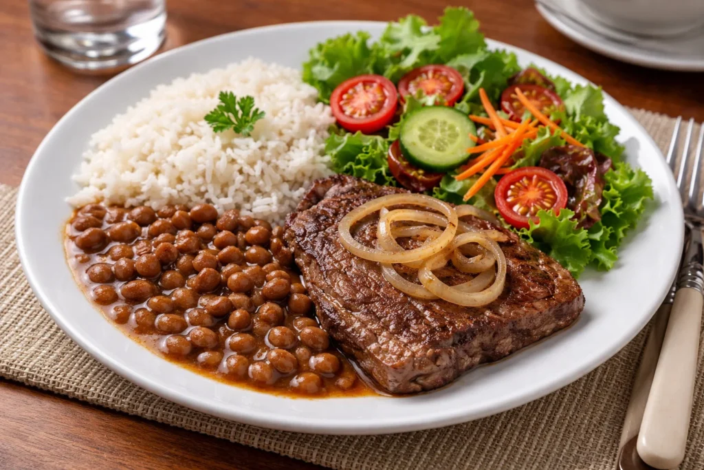 Prato equilibrado com carne, arroz, feijão e salada em contraste com a dieta carnívora.