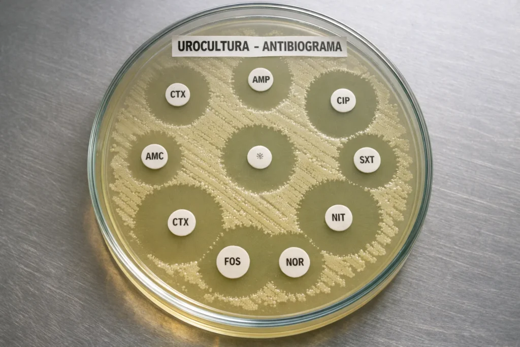 Placa de urocultura com antibiograma mostrando crescimento bacteriano e discos de antibióticos para teste de sensibilidade.