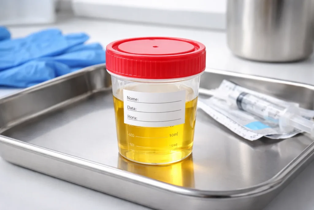 Frasco estéril com amostra de urina utilizado para exame de urocultura em ambiente laboratorial.