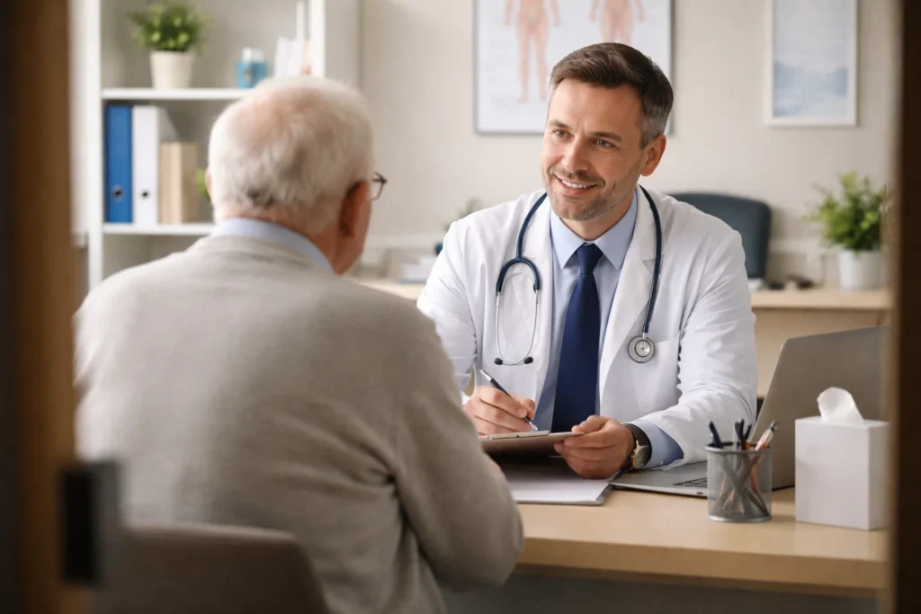 Médico conversando com paciente idoso em consulta sobre diuréticos para insuficiência cardíaca.