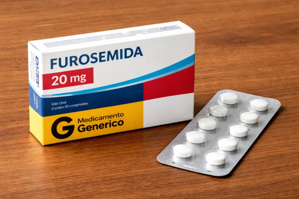 Caixa de furosemida 20 mg, um dos diuréticos para insuficiência cardíaca.