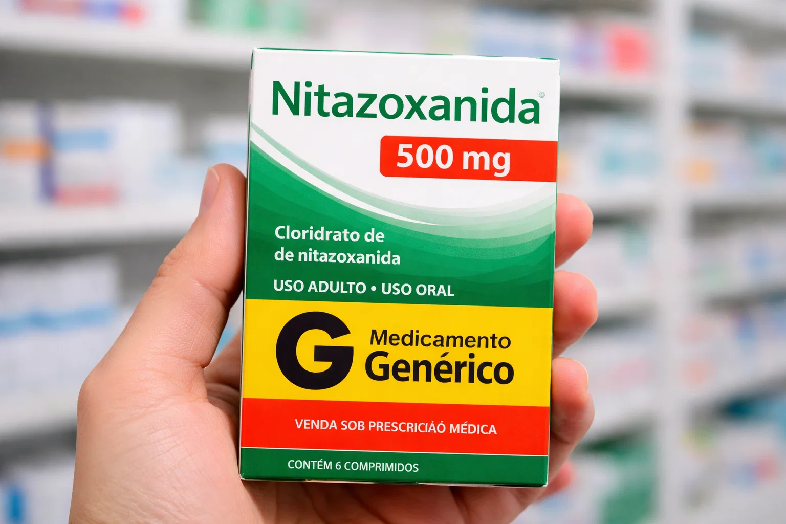 Caixa de nitazoxanida 500 mg, medicamento antiparasitário de uso oral indicado para infecções intestinais.
