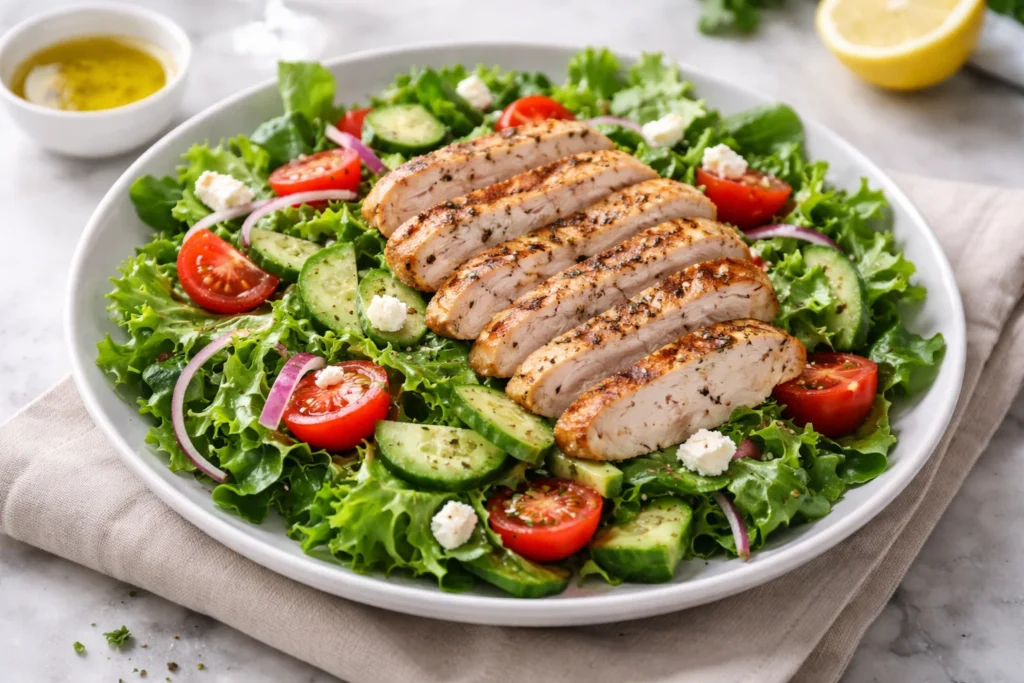 Prato com salada fresca, frango grelhado e vegetais ilustrando alimentação equilibrada relacionada ao eixo intestino cérebro.