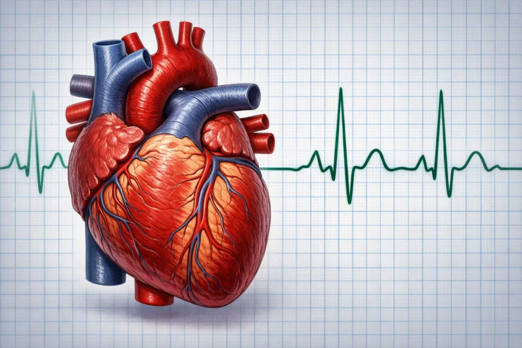 Ilustração anatômica do coração com traçado de eletrocardiograma ao fundo relacionada às arritmias.