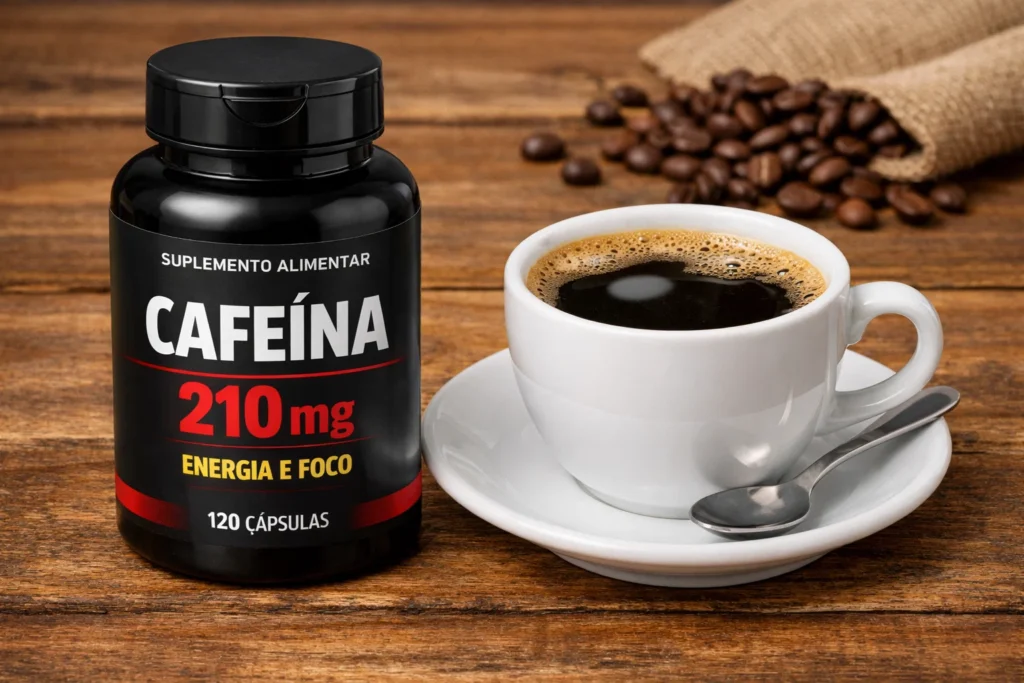 Suplemento de cafeína ao lado de café como opções de pré-treino.