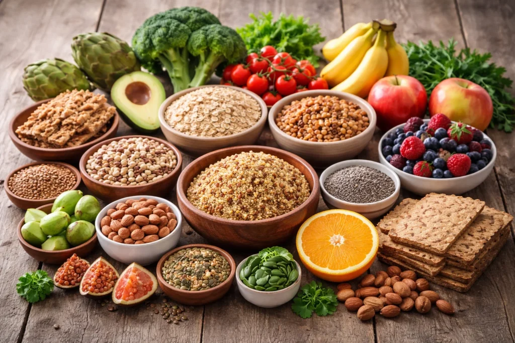 Alimentos ricos em fibras como aveia, sementes, frutas, legumes e grãos integrais organizados sobre mesa de madeira, associados a uma alimentação equilibrada em contraste com dieta sem carboidratos.