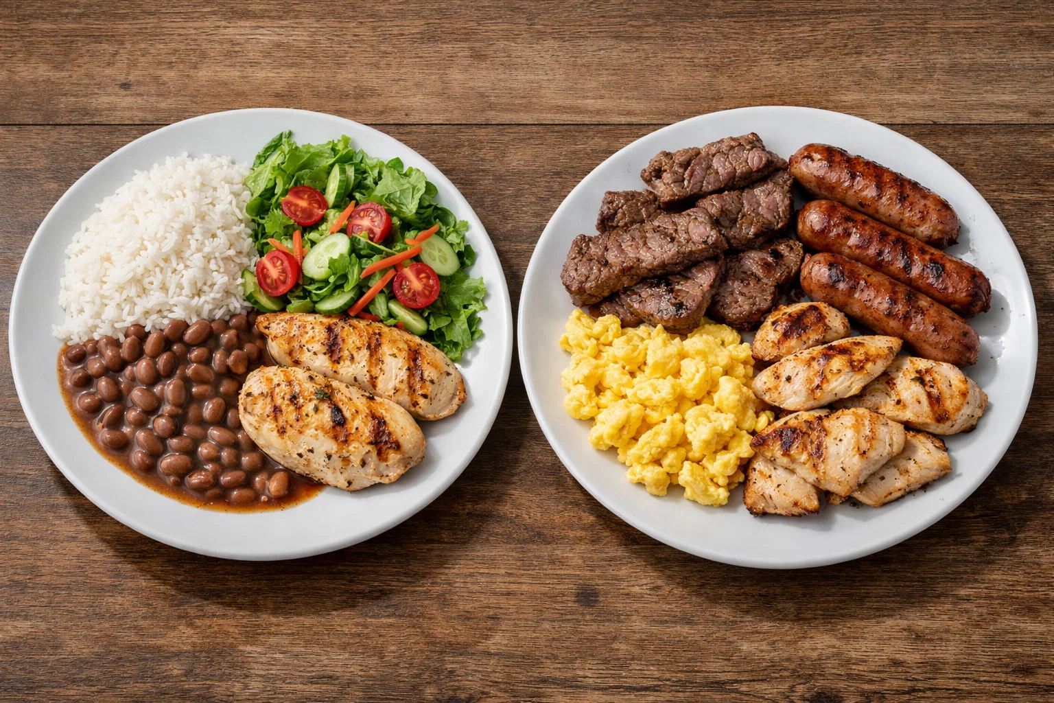 Comparação entre prato equilibrado com arroz, feijão, salada e frango e prato rico em proteínas sem carboidratos, ilustrando dieta sem carboidratos.