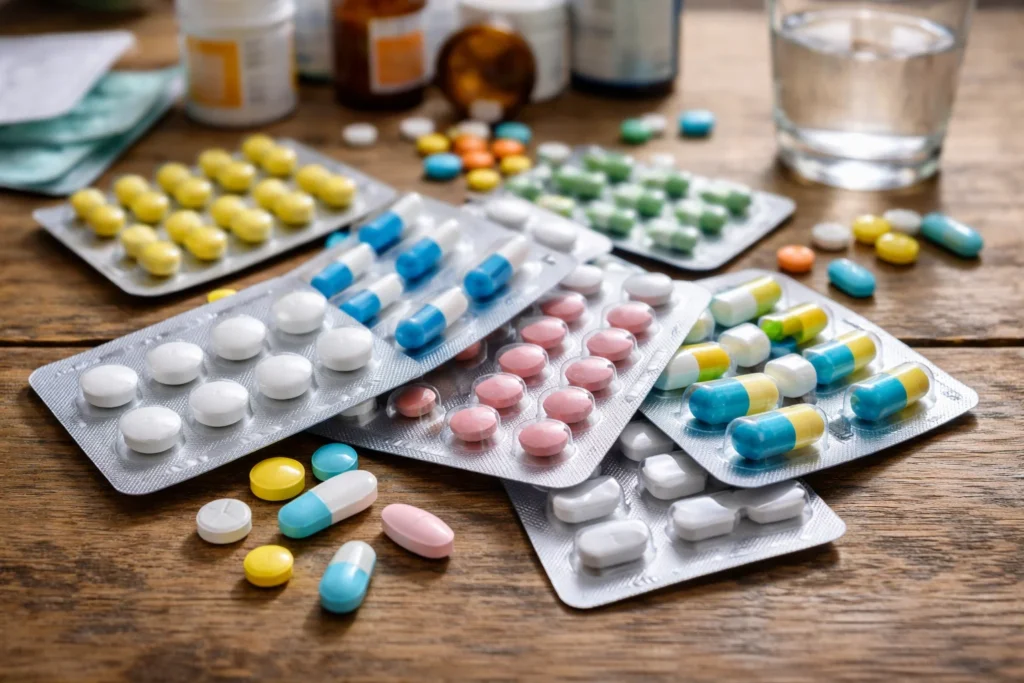 Diferentes comprimidos e cápsulas organizados em cartelas sobre uma mesa, associados ao uso de medicamentos como a espironolactona.