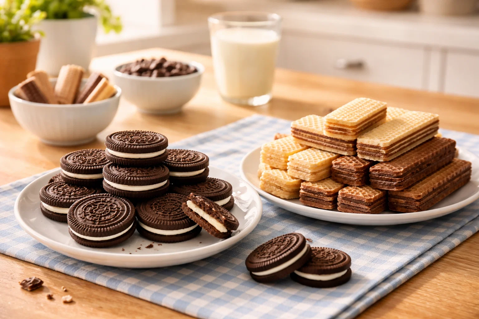 Biscoitos recheados e wafers, alimentos que podem conter gordura trans industrial.