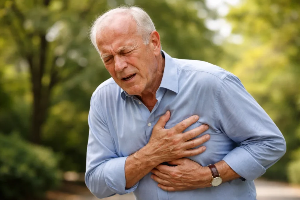 Idoso com a mão no peito sentindo dor, possível indicação de angioplastia.