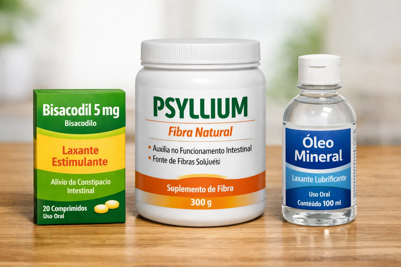 Diferentes tipos de laxantes como bisacodil, psyllium e óleo mineral, ilustrando o questionamento de se laxantes são seguros.