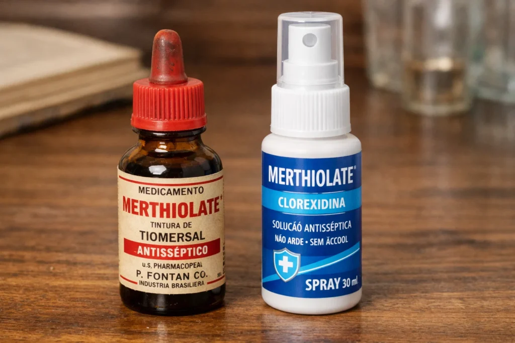 Frascos de Merthiolate antigo com timerosal e versão atual com clorexidina lado a lado.