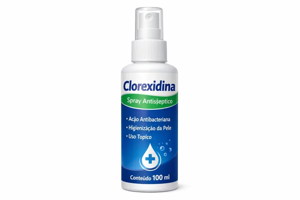 Frasco de clorexidina spray, exemplo de antissépticos tópicos para pele.